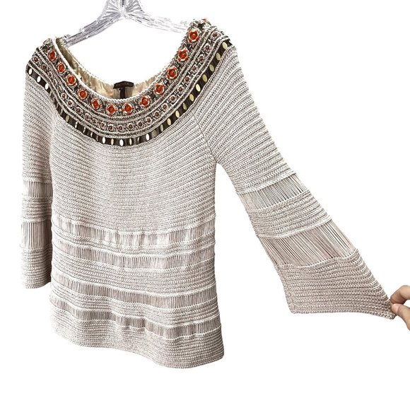 Escada Knit Top Sweater size 36 Women 100% Silk Tan Beaded Pullover Lined